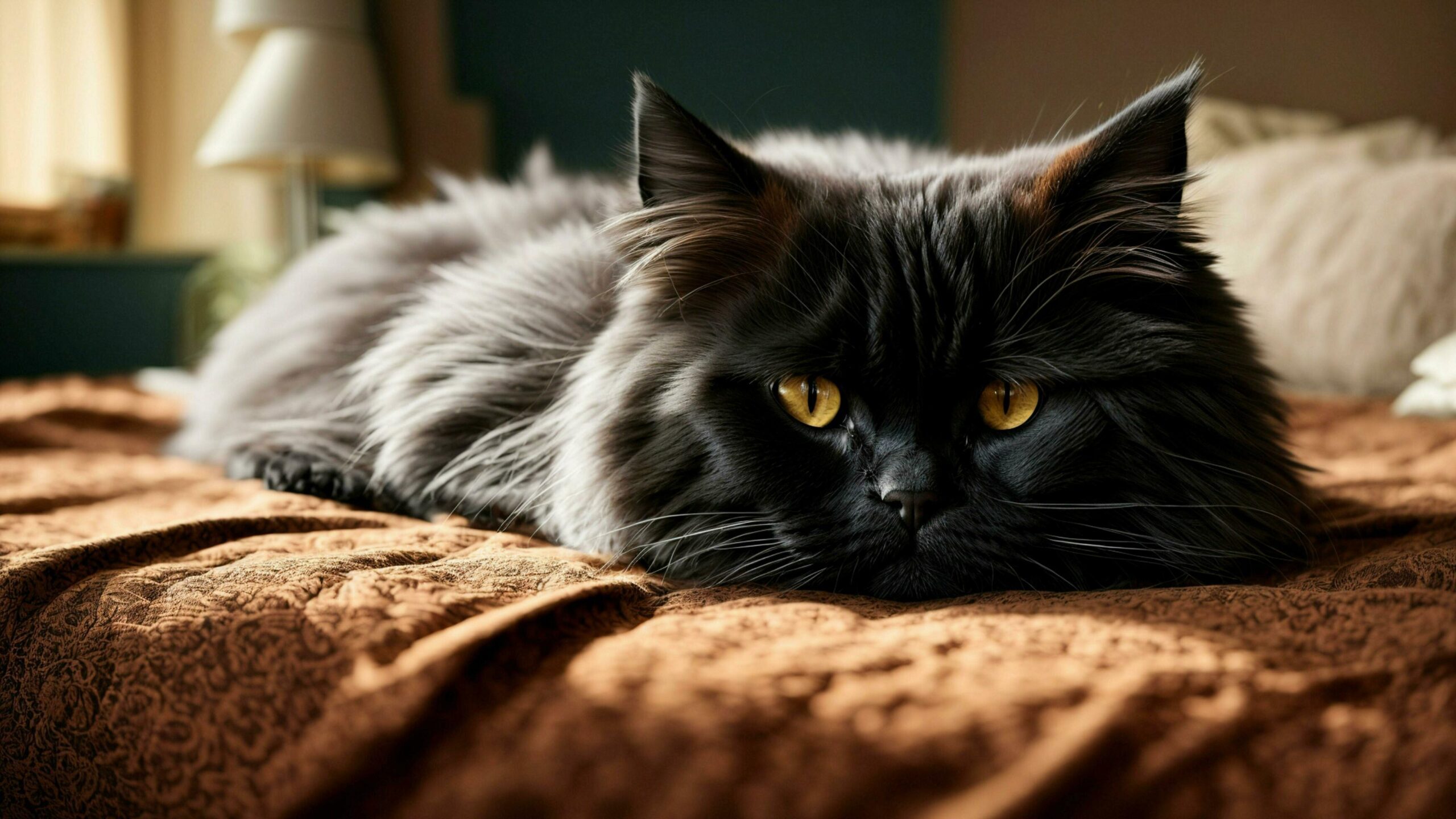 Ai-generated-image-that-conveys-the-serenity-of-a-black-persian-cat-taking-a-nap-on-a-bed-with-a-solid-color-background-free-photo