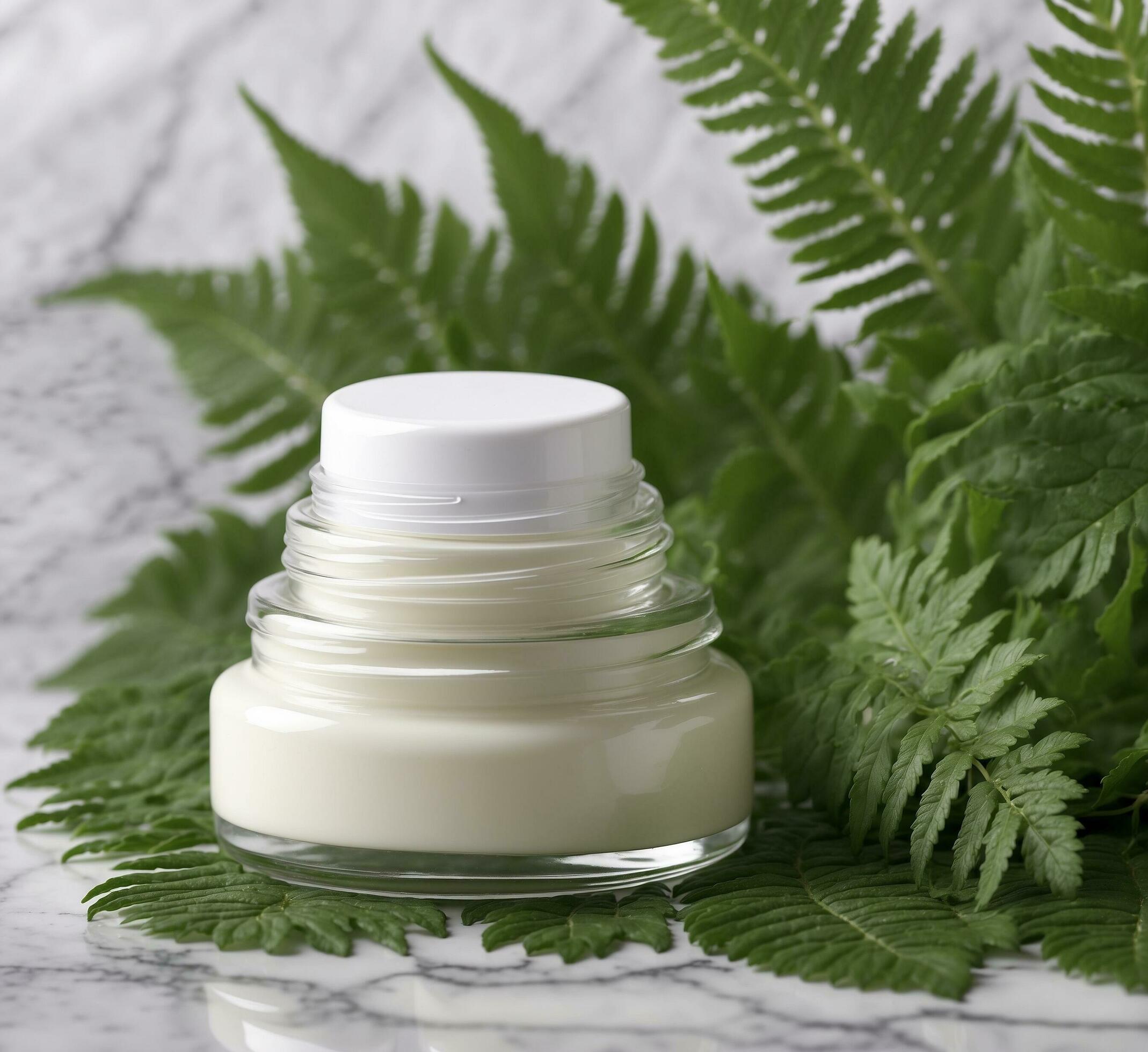 Ai-generated-jar-of-cosmetic-cream-and-palm-leaves-on-a-dark-background-top-view-free-photo