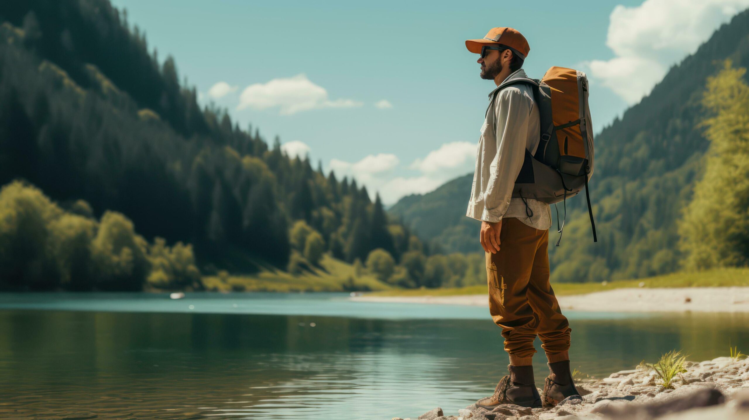Ai-generated-man-with-tourist-backpack-and-forest-landscape-generative-ai-free-photo
