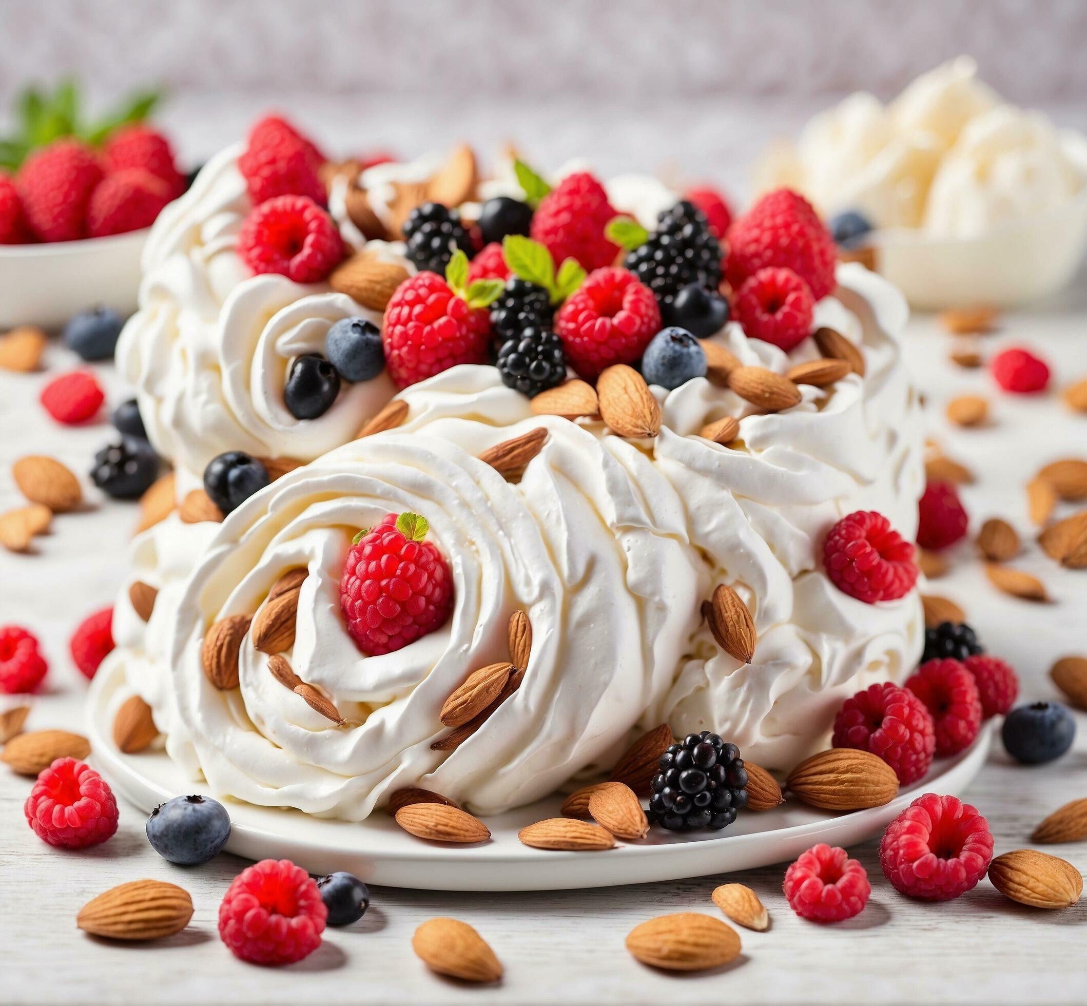 Ai-generated-meringue-pavlova-with-fresh-raspberries-blackberries-blueberries-and-almonds-free-photo