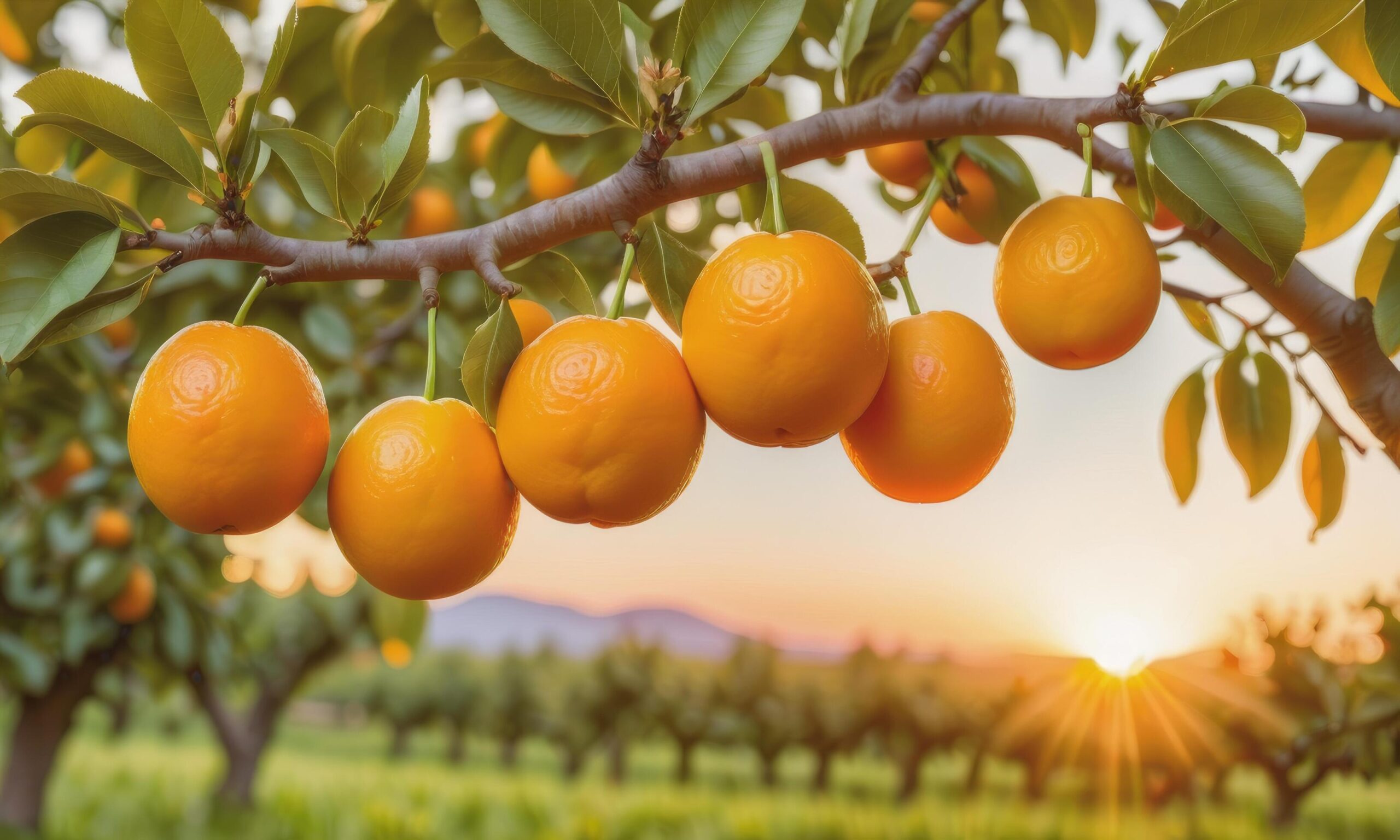 Ai-generated-orange-on-a-tree-branch-in-the-garden-at-sunset-free-photo