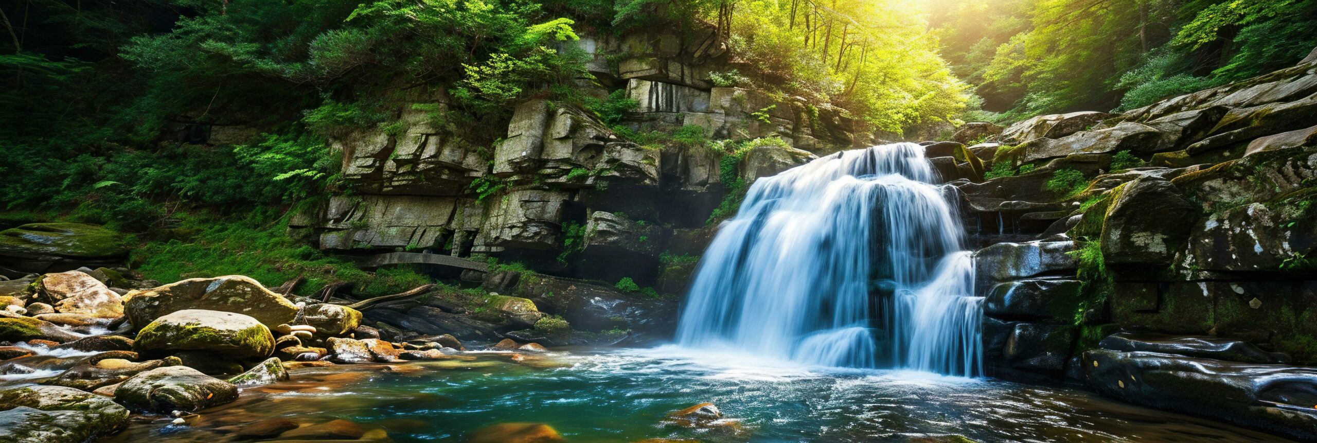 Ai-generated-panoramic-view-of-waterfall-in-deep-forest-beautiful-nature-background-free-photo
