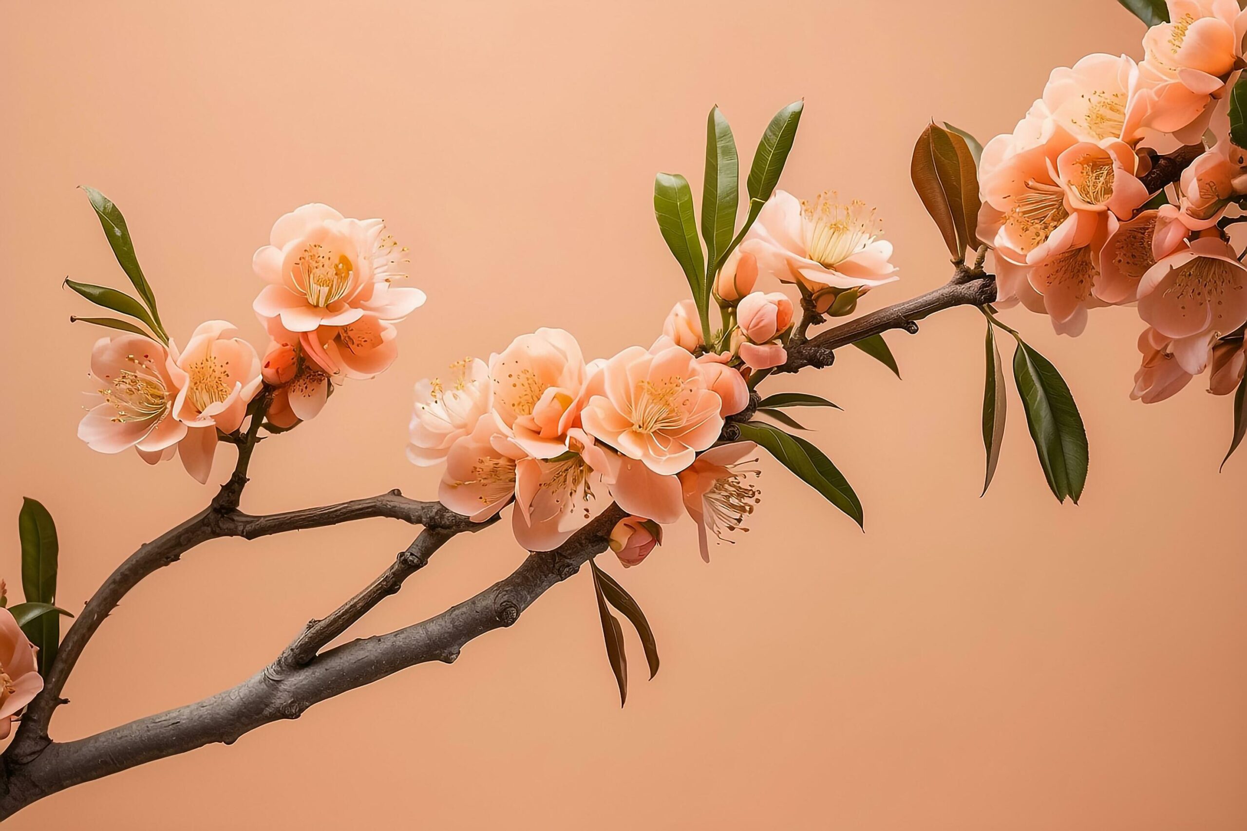 Ai-generated-peach-bloom-on-the-2024-color-of-the-year-peach-fuzz-background-free-photo