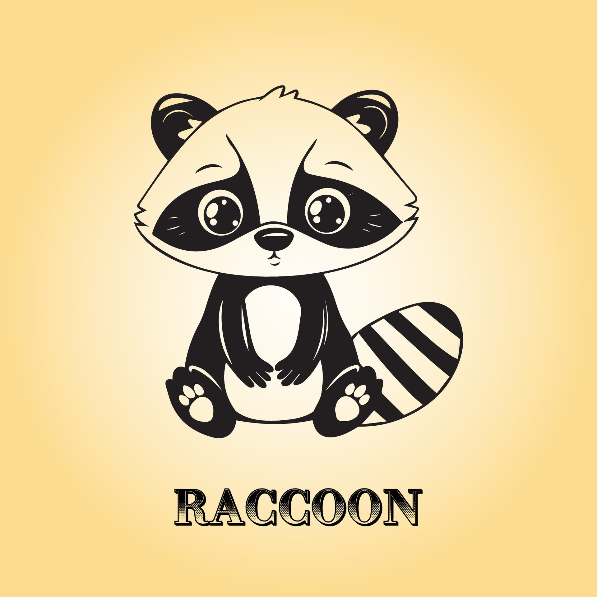 Ai-generated-raccoon-cartoon-is-a-sitting-illustration-in-black-and-white-free-vector