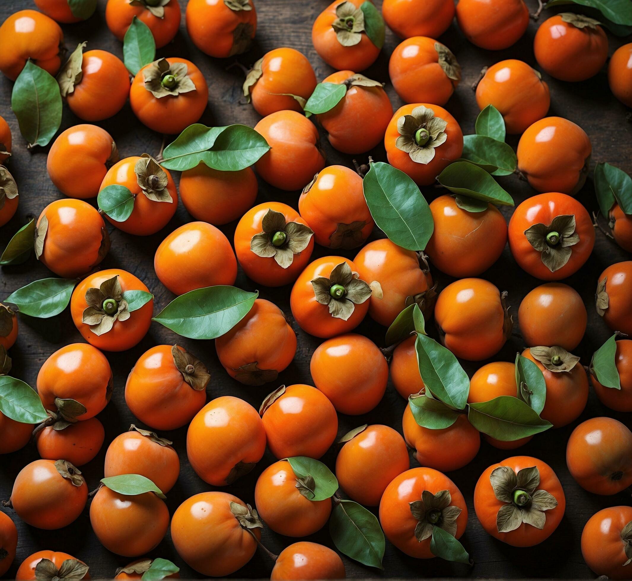 Ai-generated-ripe-persimmon-fruit-with-green-leaves-on-a-dark-wooden-background-free-photo
