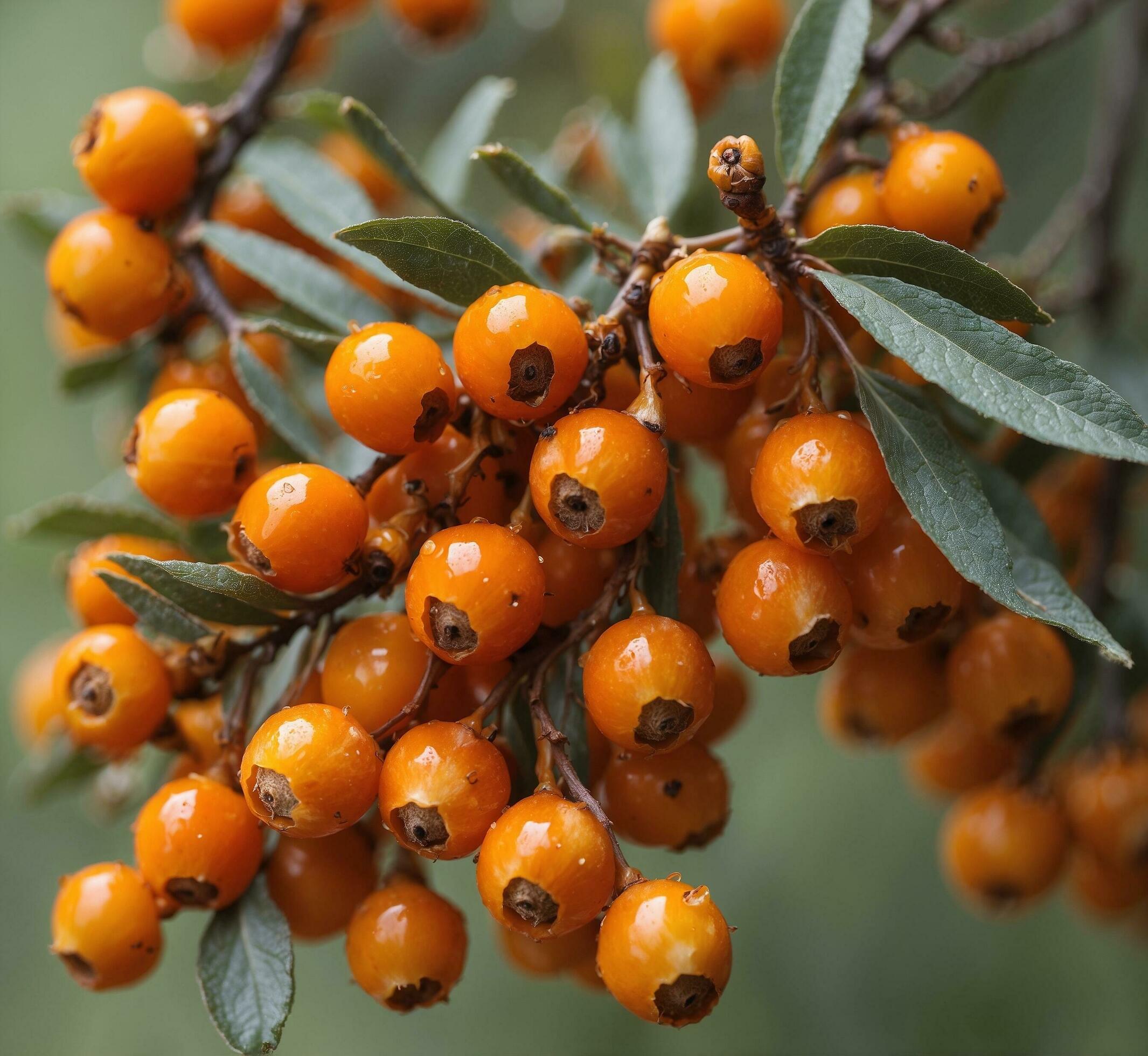 Ai-generated-sea-buckthorn-berries-on-a-branch-with-green-leaves-in-autumn-free-photo