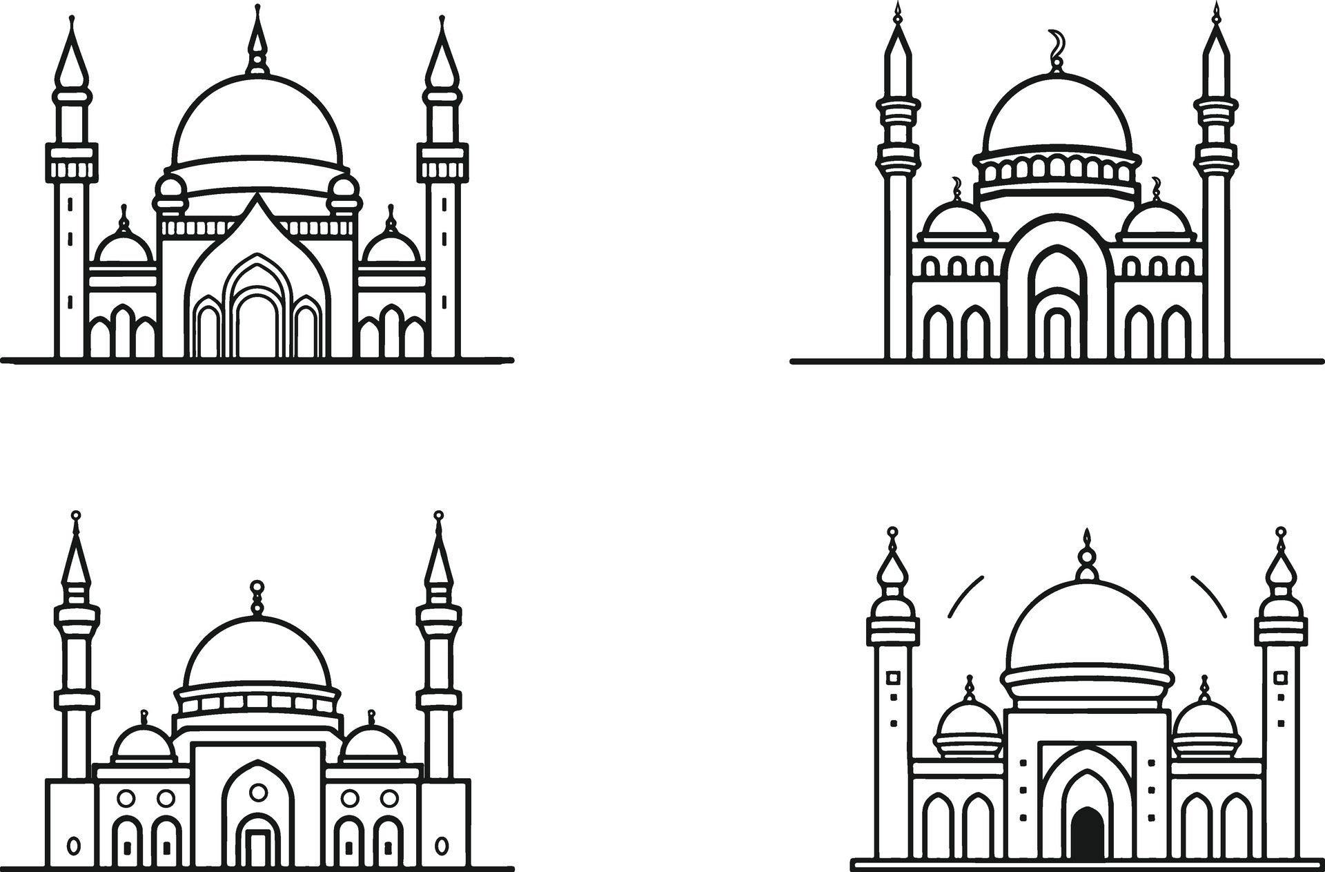 Ai-generated-set-of-mosque-icon-illustration-mosque-logo-mosque-line-art-mosque-outline-style-free-vector