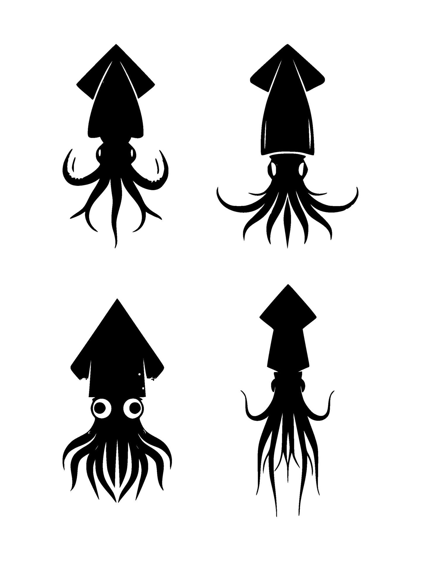 Ai-generated-set-of-squid-silhouettes-on-isolated-background-free-vector
