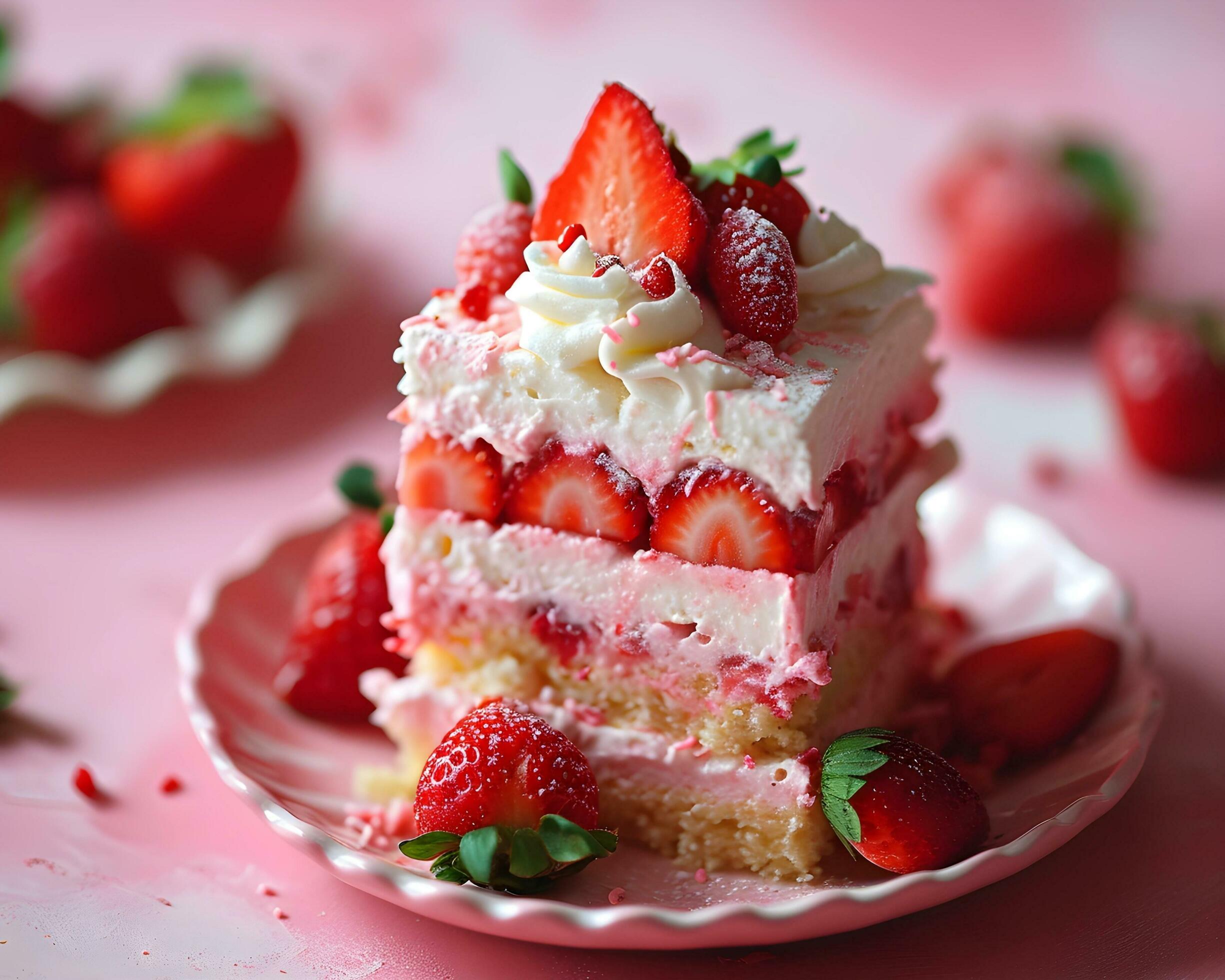 Ai-generated-strawberry-cake-with-whipped-cream-and-fresh-strawberries-on-pink-background-free-photo