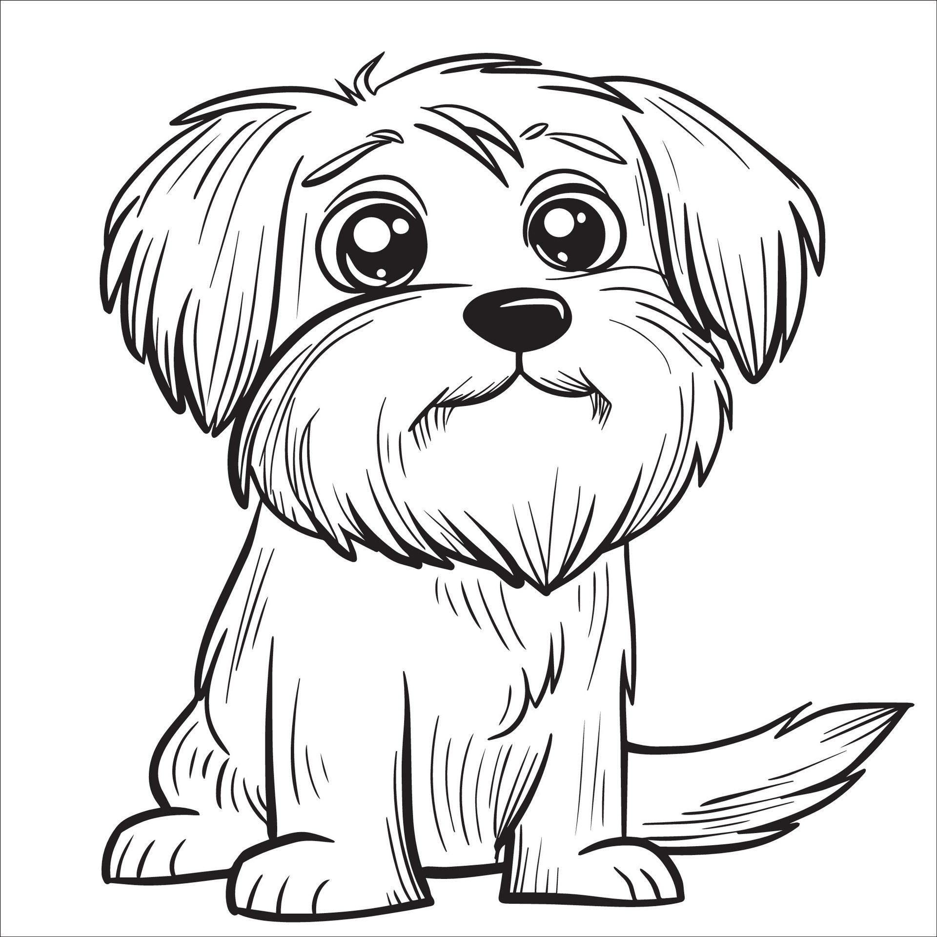 Ai-generated-tibetan-terrier-dog-is-a-sitting-illustration-in-black-and-white-free-vector