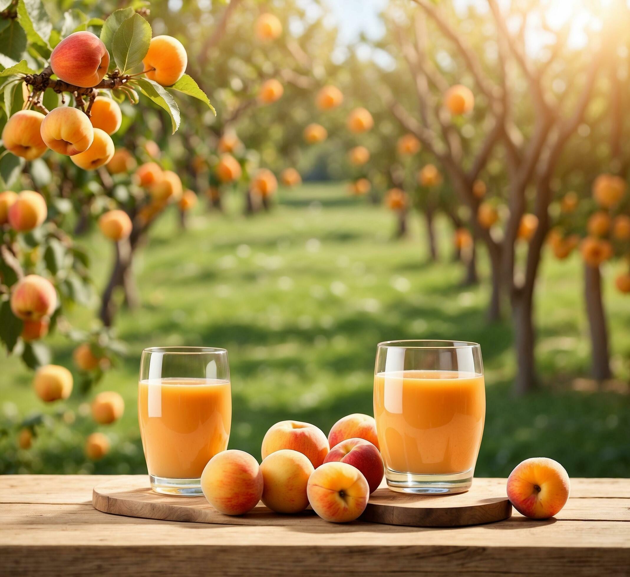 Ai-generated-two-glasses-of-apricot-juice-on-a-wooden-table-in-the-garden-free-photo