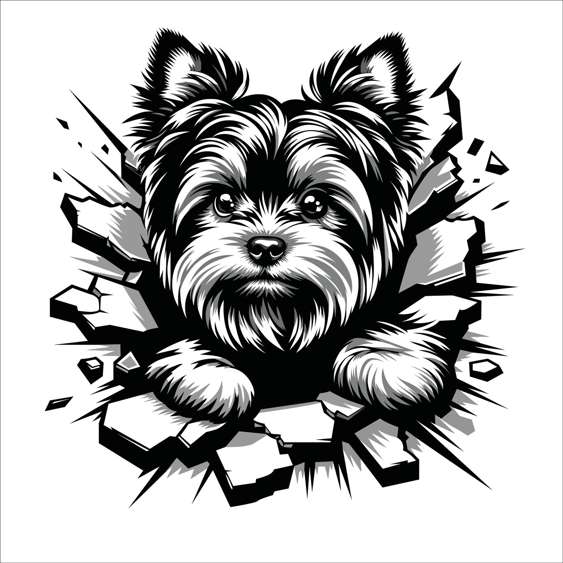 Ai-generated-yorkshire-terrier-dog-looking-breaks-through-a-breakthrough-wall-illustration-free-vector