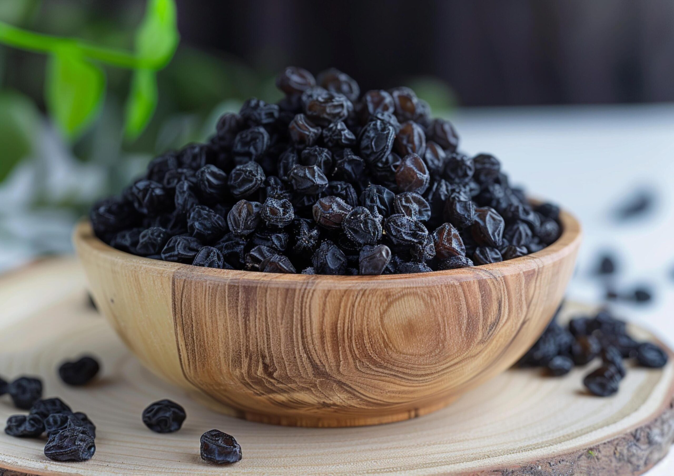Black-raisins-in-wooden-bowl-generated-by-ai-free-photo