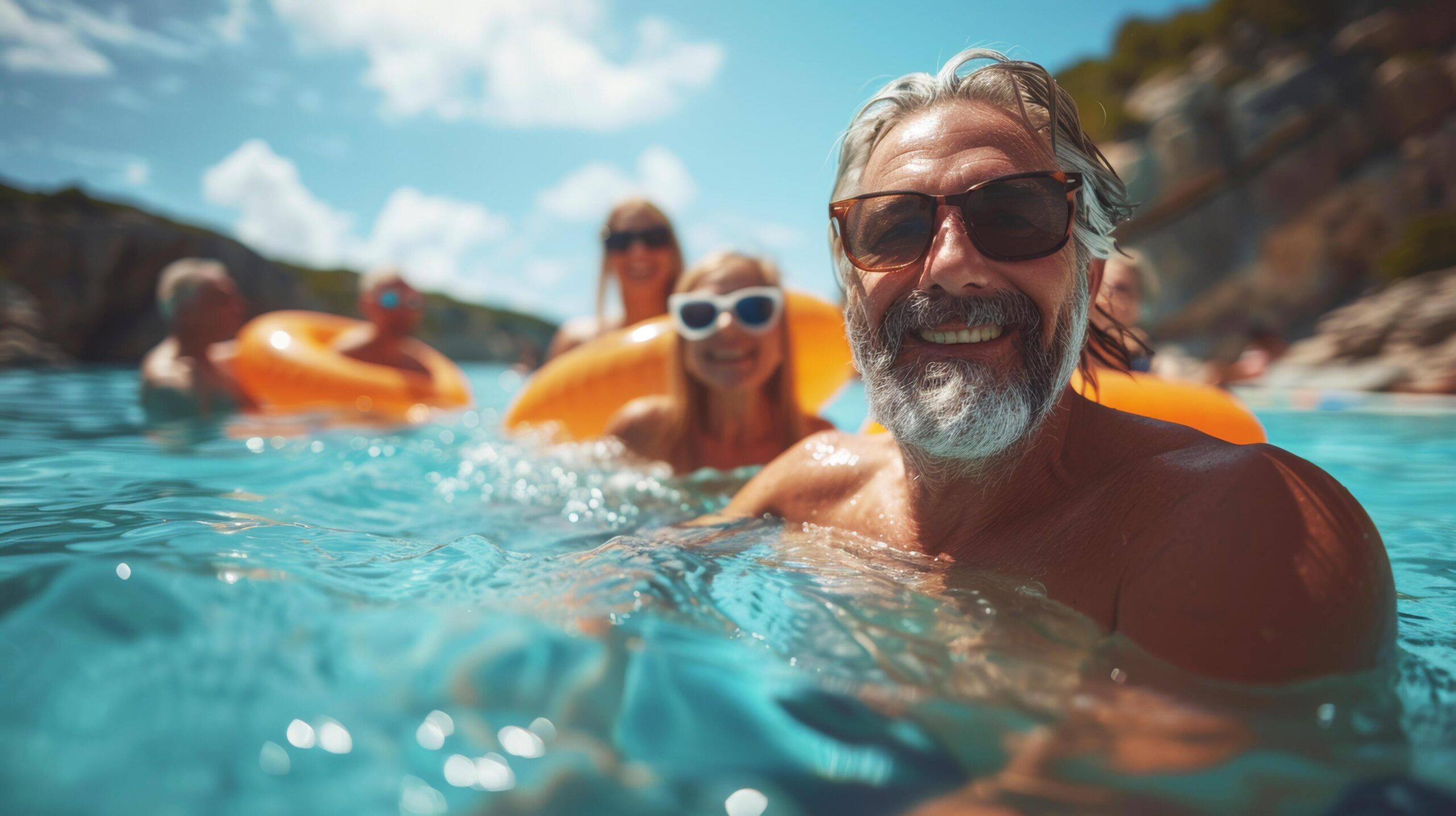 Caucasian-elderly-senior-male-and-friendship-swimming-and-lounging-on-floats-in-summer-holiday-mature-friend-group-funny-with-rubber-ring-in-swimming-pool-at-theme-park-ai-generated-free-photo
