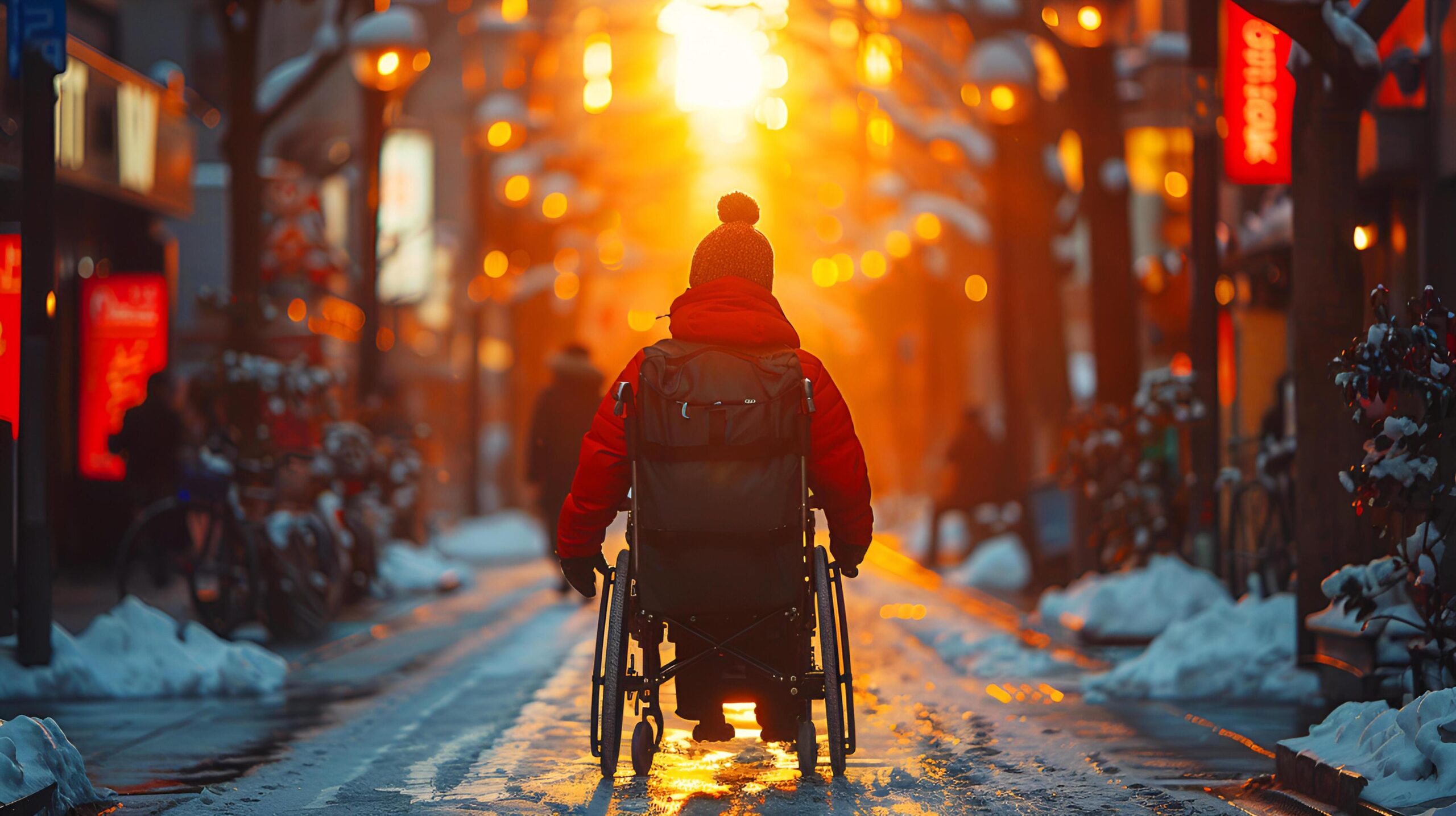 Caucasian-woman-wearing-a-red-sweater-is-sitting-in-a-wheelchair-young-girl-is-enjoying-the-view-and-relaxing-with-snow-on-the-street-and-sunset-in-the-city-ai-generated-free-photo
