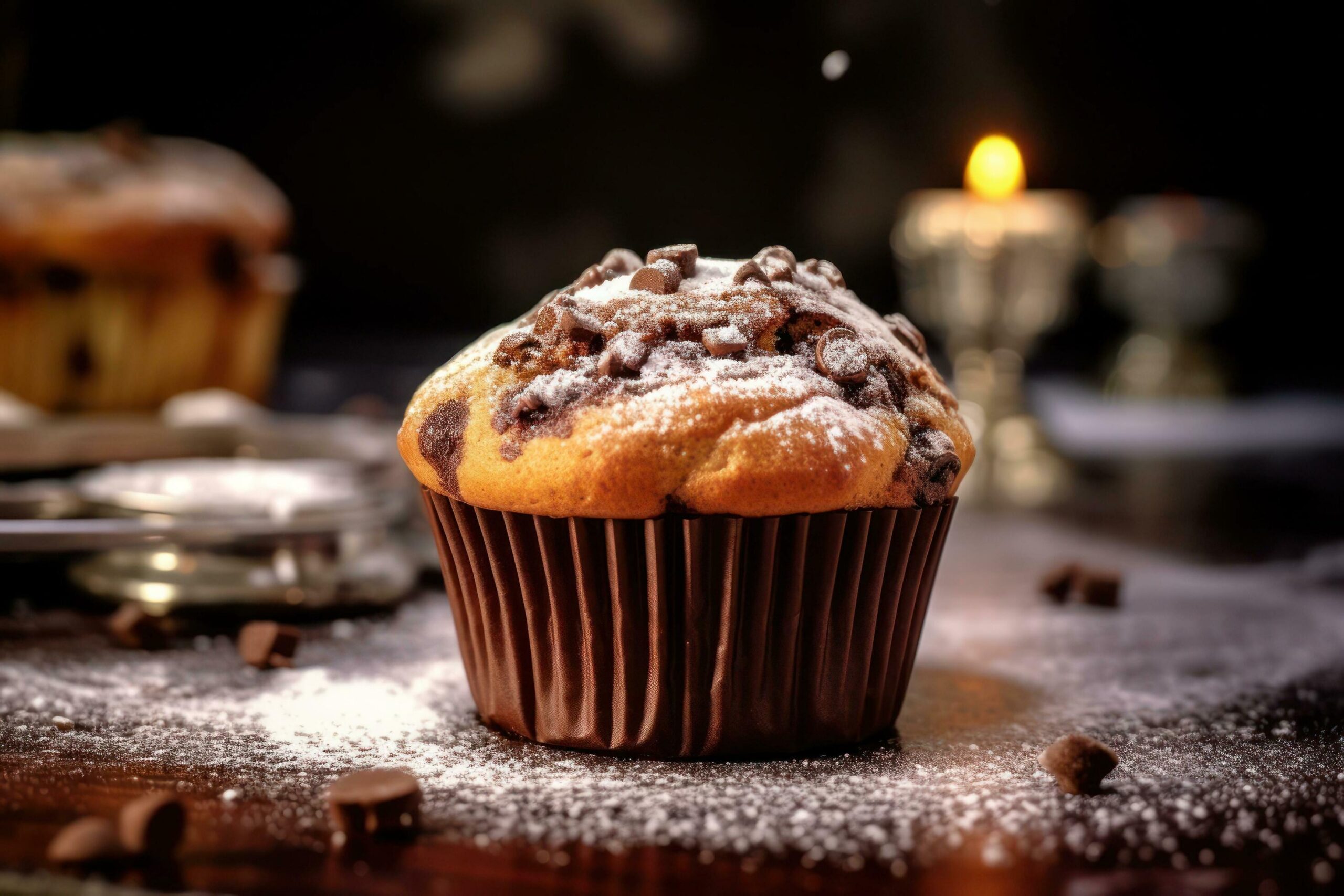 Chocolate-chip-muffin-with-powdered-sugar-on-a-wooden-table-ai-generative-free-photo