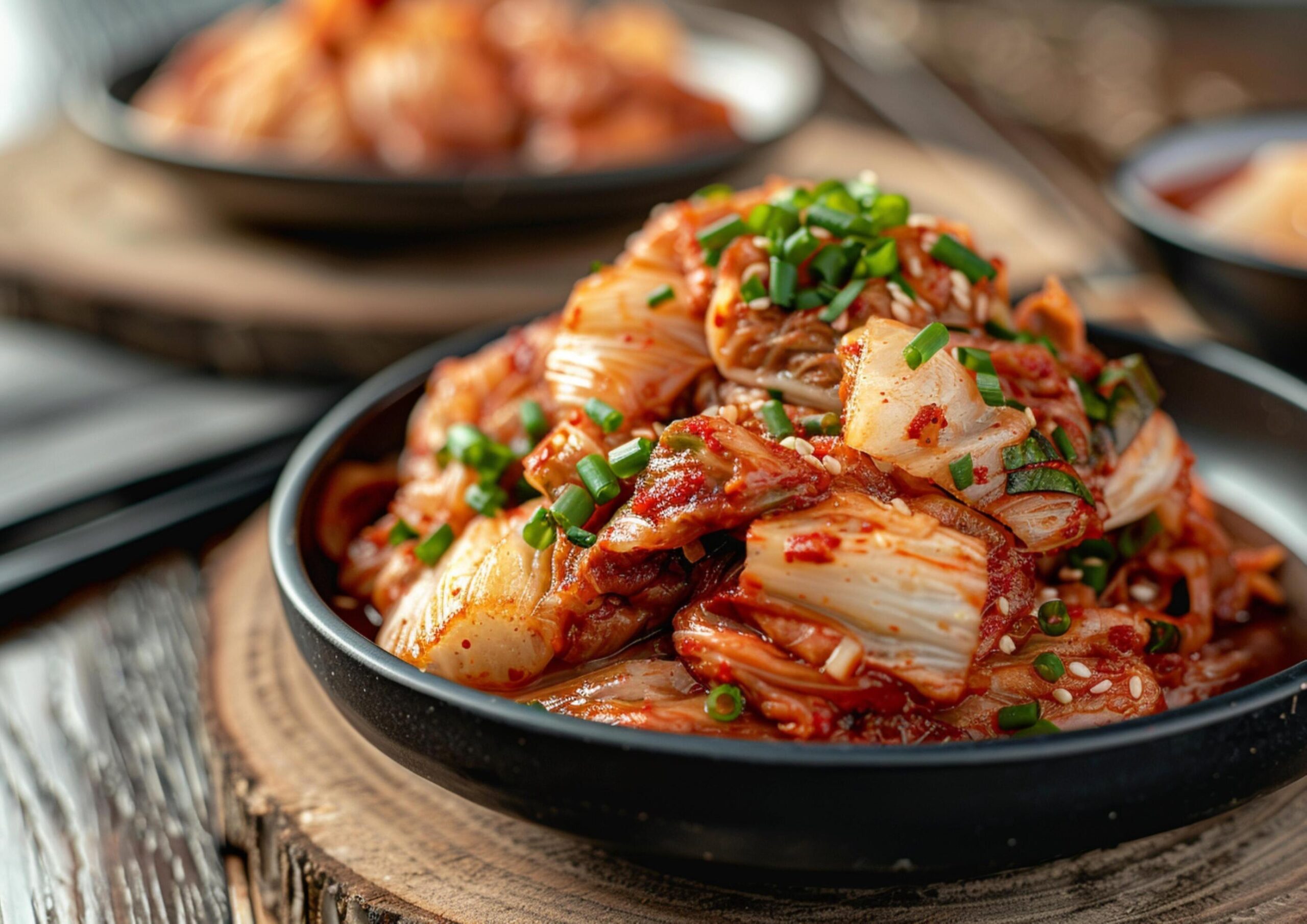 Close-up-korean-homemade-food-kimchi-cabbage-in-black-bowl-generated-by-ai-free-photo