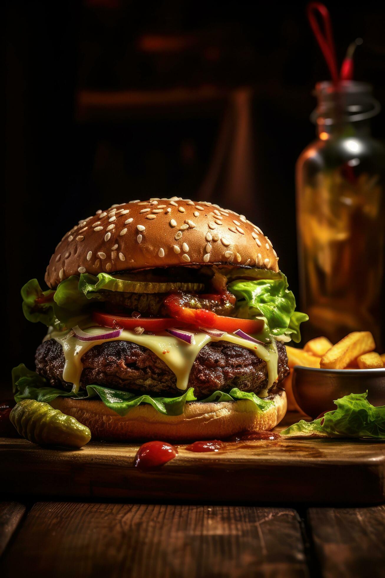 Hamburger-on-a-wooden-cutting-board-ai-generative-free-photo