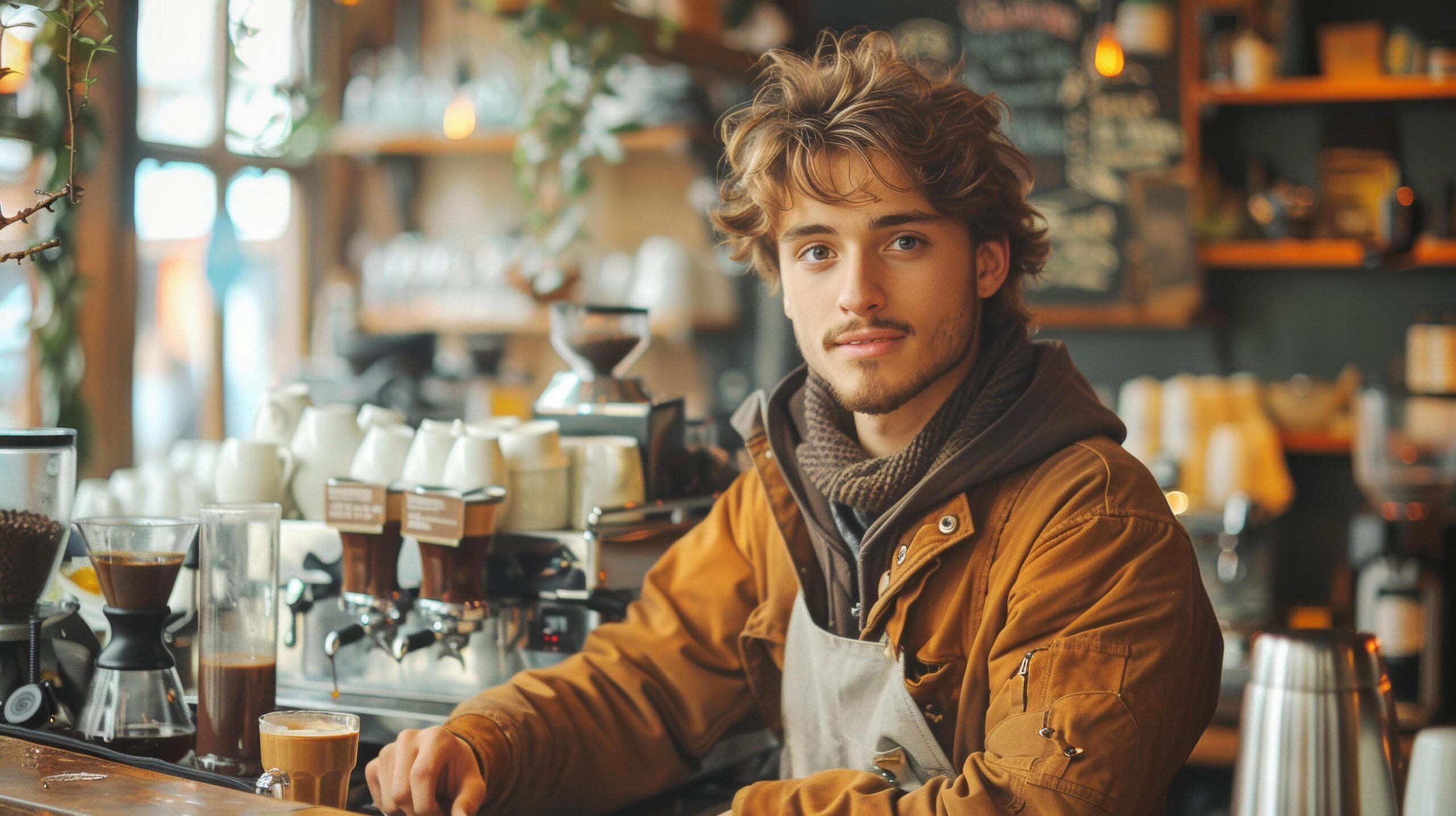 Handsome-caucasian-barista-young-man-with-apron-smiling-and-working-in-coffee-shop-and-preparing-coffee-in-cafe-ai-generated-free-photo