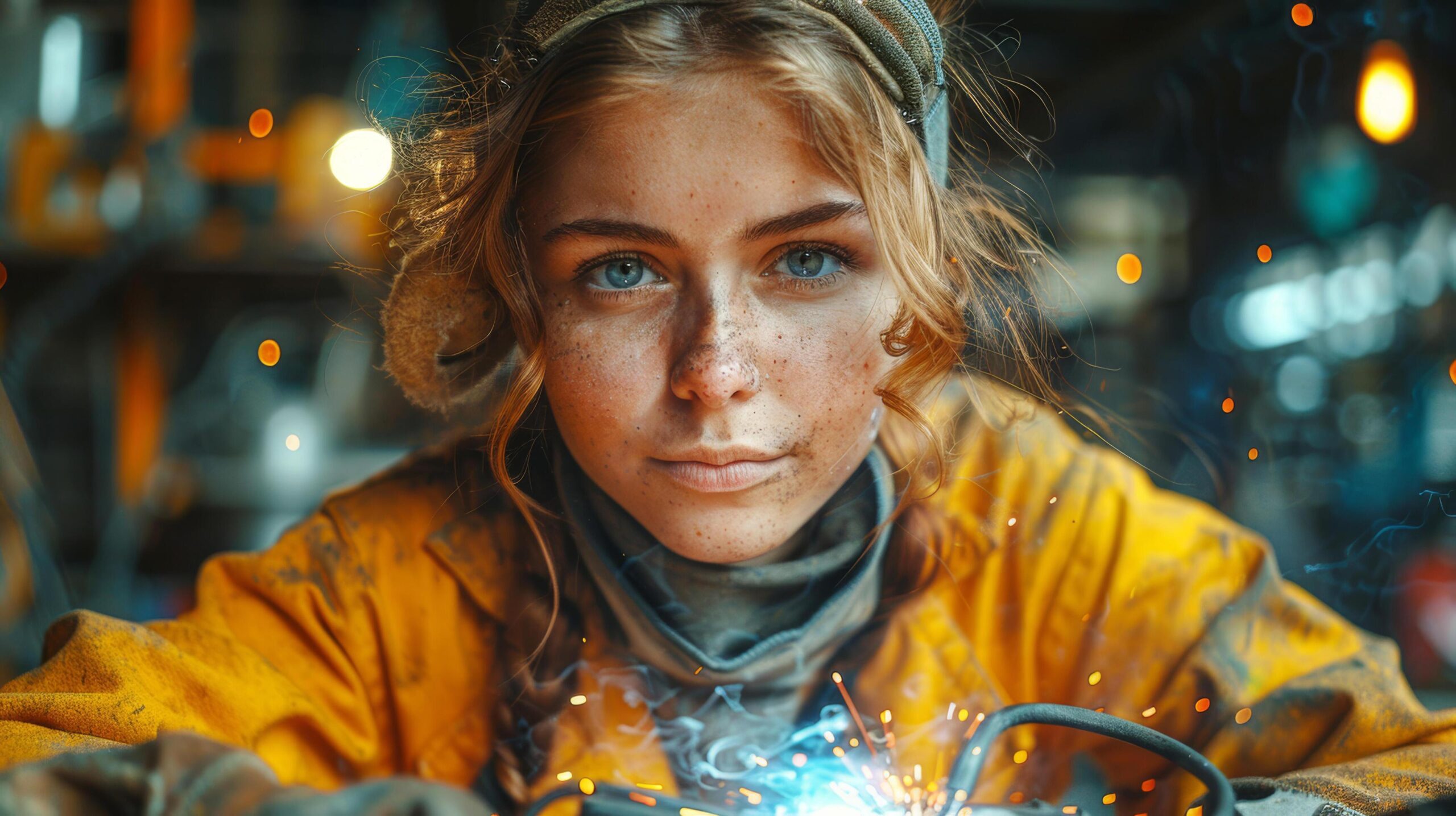 Industrial-engineer-caucasian-woman-in-yellow-uniform-works-as-a-welder-in-workshop-operating-welding-machine-in-factory-ai-generated-free-photo