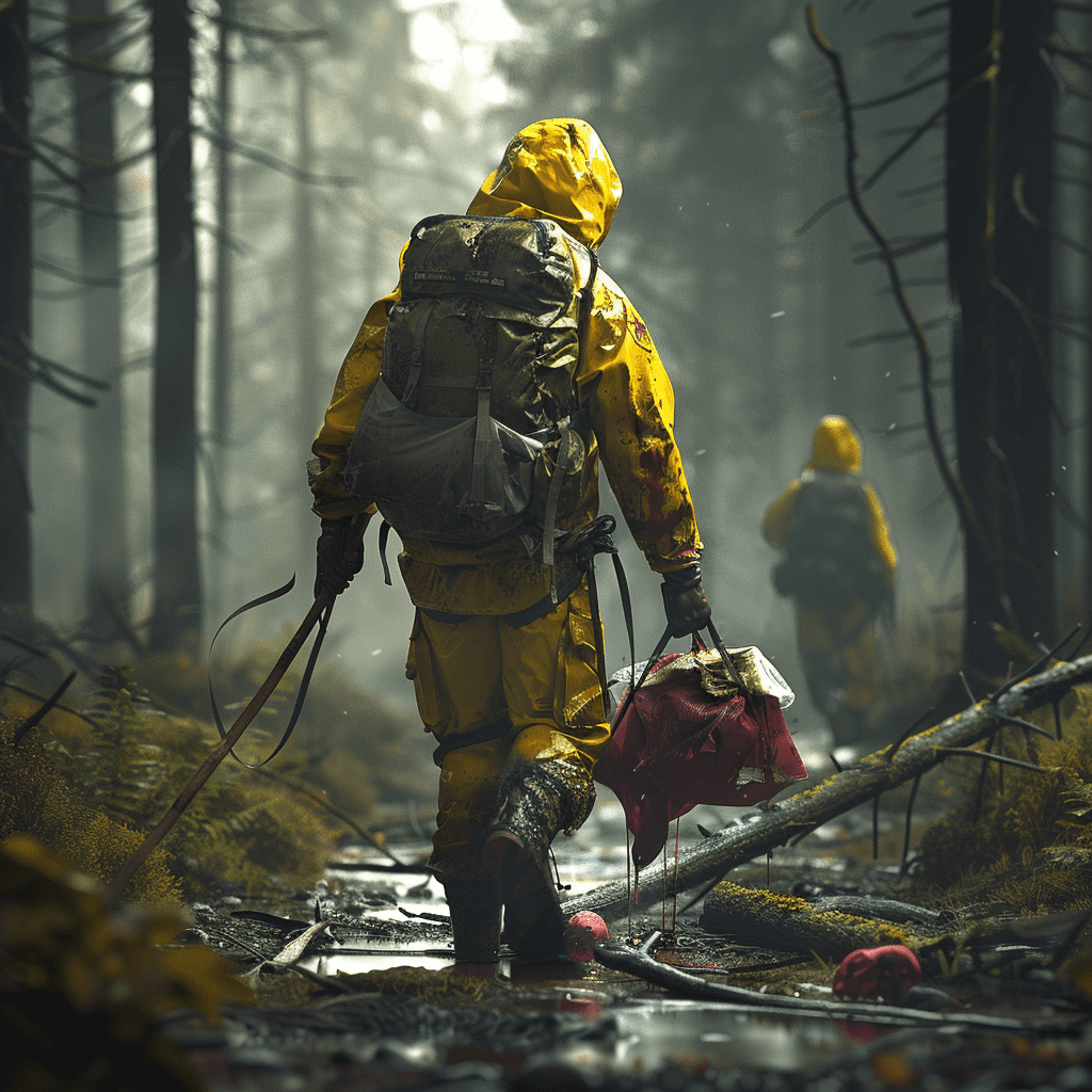 Add a military backpack on his back with and a wooden spear next to the backpack hanging on his back.