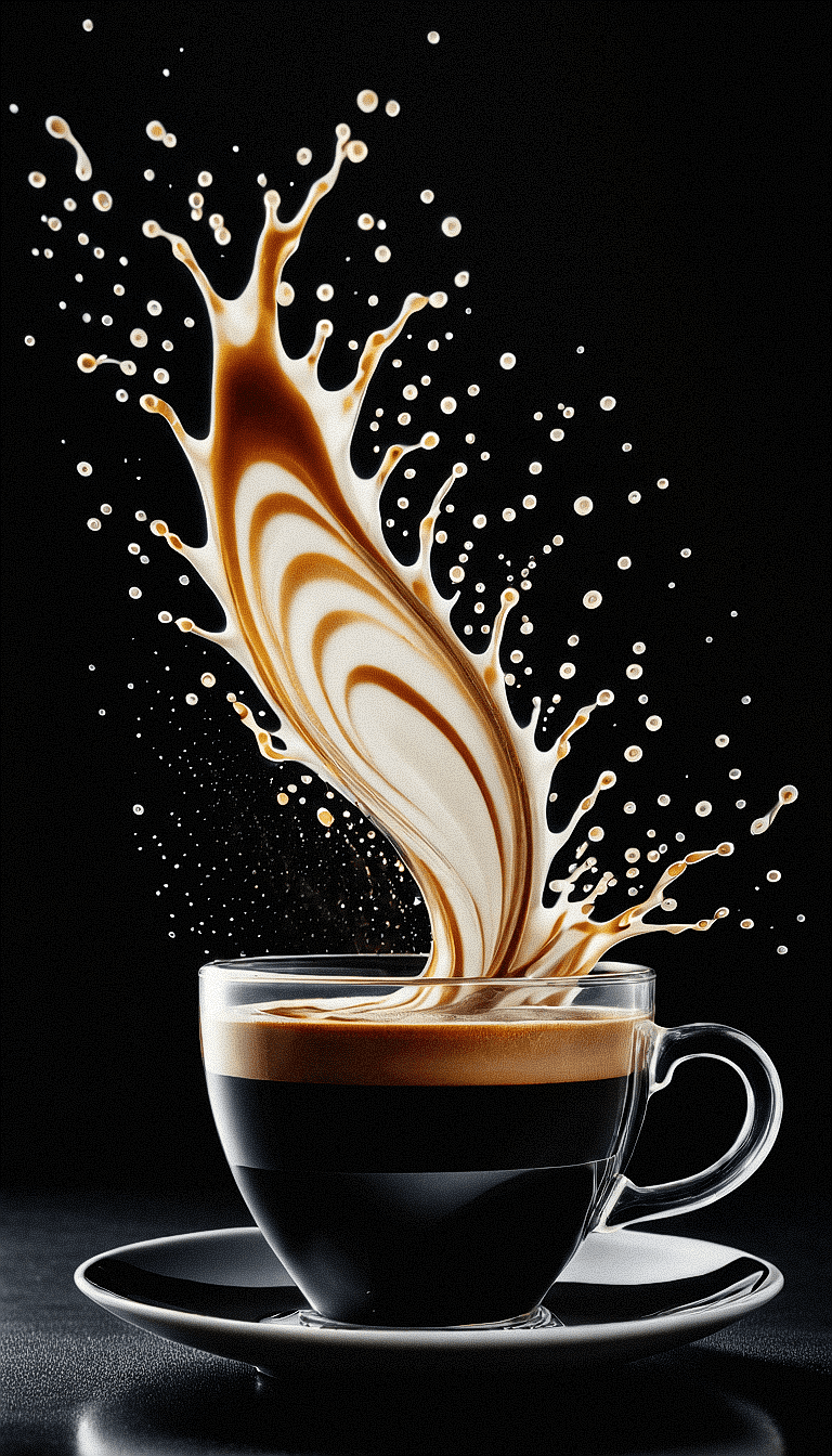 The image captures a splash of coffee and cream inside a cup. . The suspended droplets and the smooth interplay of light and dark hues create a visually striking scene that portrays the elegant flow and contrast between the two liquids.