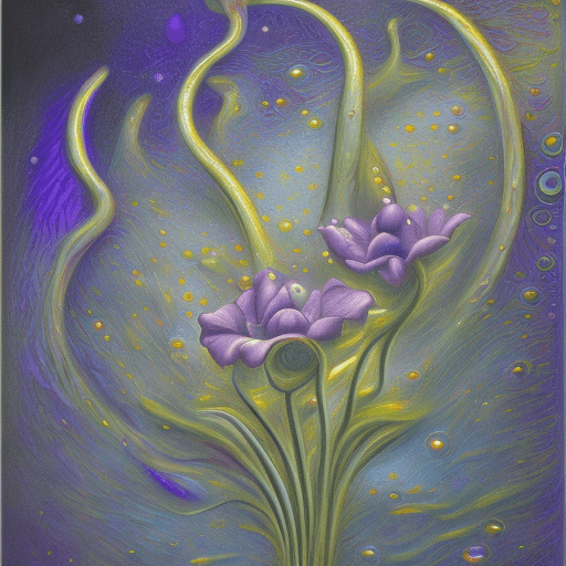 Surrealist painting of water droplets on the stem of a flower, in the style of surrealism, picasso, melting, intertwining materials, light silver and light purple, intricate layering --ar 1:1 --stylize 750 --v 5. 2