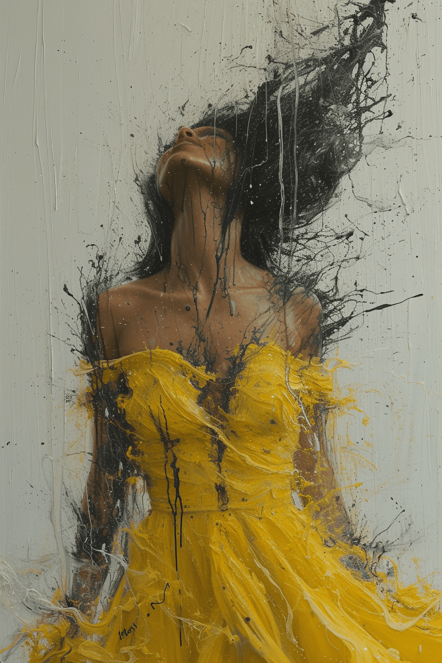 A painting of a woman wearing a yellow dress, in the style of joram roukes, dance, neil gaiman, graceful movements, stanley pinker, made of glass, disintegrated --ar 2:3 --stylize 750 --v 6