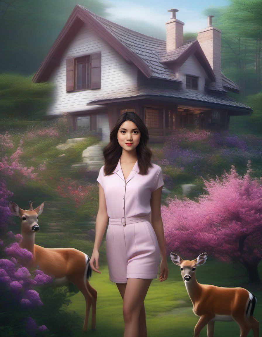 A home on the woods with vines growing up one side, pink and purple flowers in a garden in front, and a pair of deer walking by. Photorealistic.
