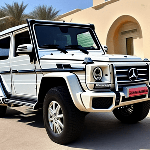 Photo of a ultra realistic mercedes g-63 parked outside a villa in dubai