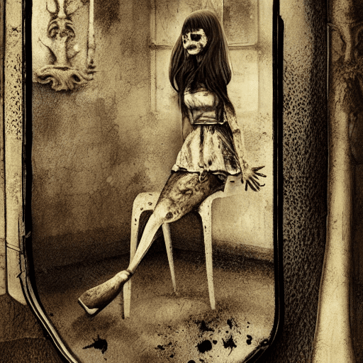 A female doll ((with broken doll skin1:1) ) looking at her own reflection in an old mirror, splatterhouse style, gothic vibes, horror atmosphere.