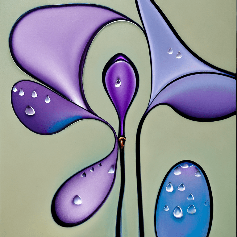 Surrealist painting of water droplets on the stem of a flower, in the style of surrealism, picasso, melting, intertwining materials, light blue, silver and light purple, violet, intricate layering