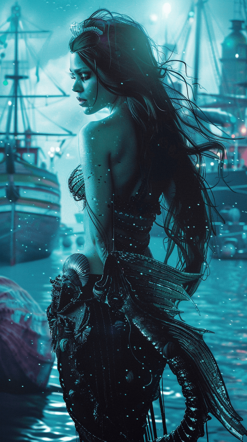 A mystical mythical cyberpunk sea siren with a glamourous tail, in a victorian harbor in a caribbean coastal port, watching ships, seashell accessories, slender, toned abs, scales, gills, (((italian:0. 4, french:0. 3, swedish:0. 3) )), long messy wild hair, windswept hair, wavy wair, perfect face, seductive eyes, smokey eyes, seductive grin, cyberpunk, vapourwave, neon, steampunk, vibrant, stunning, beautiful, crisp, detailed, sleek, magenta highlights, high contrast, cinematic, masterpiece, ultrarealistic, high detail raw color photo, gorgeous, cinematic portrait, , intricate, professional, photography, neo noir, bokeh, beautiful dramatic lighting, shallow depth of field, photorealism, volumetric lighting, ultra hd, 35mm, raytracing, dslr camera, studio quality, octane render, --ar 9:16 --style raw --stylize 50