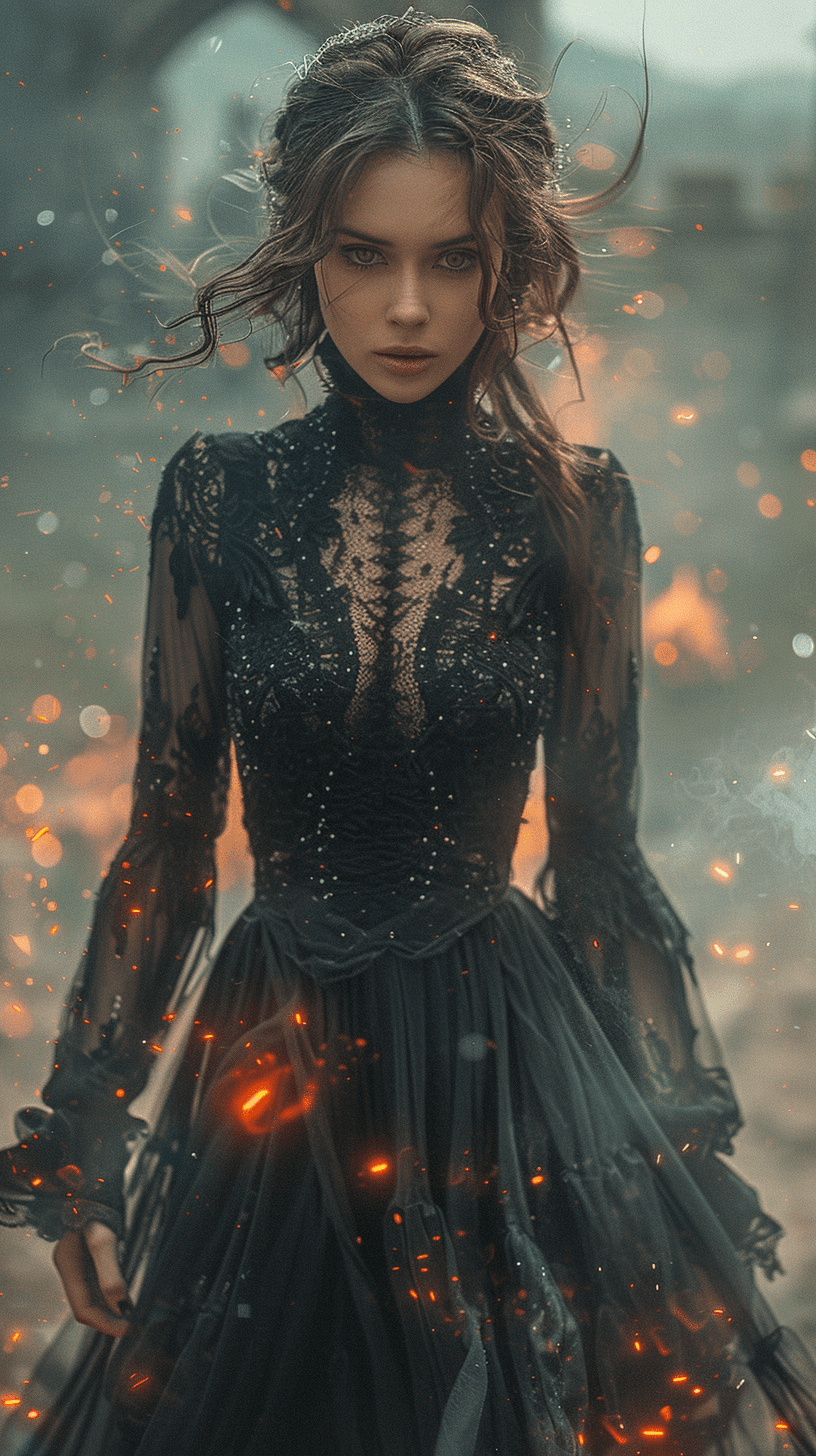 In the style ofthe witcher, a female magician in her twenties, dressed in long flowing black lace dress, casting spells, while in combat in a fierce battle, castle in the background, action shot, full body shot, 8k, using a leica dslr 35mm, shallow depth of field, rich - colors, ultra - realistic texture, hyperrealism --ar 9:16 --stylize 750 --v 6. 0