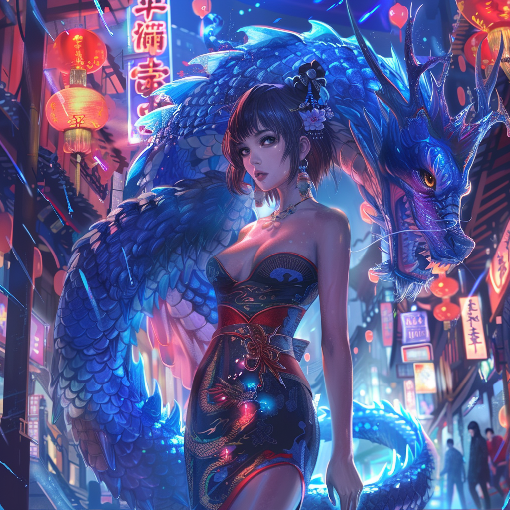 A chinese dragon, full body, a woman in a black and red dress with short hair standing next to the blue dragon, in the style of anime art by artgerm and in the style of akihiko yoshida, game illustration, fantasy street background, colorful lights.