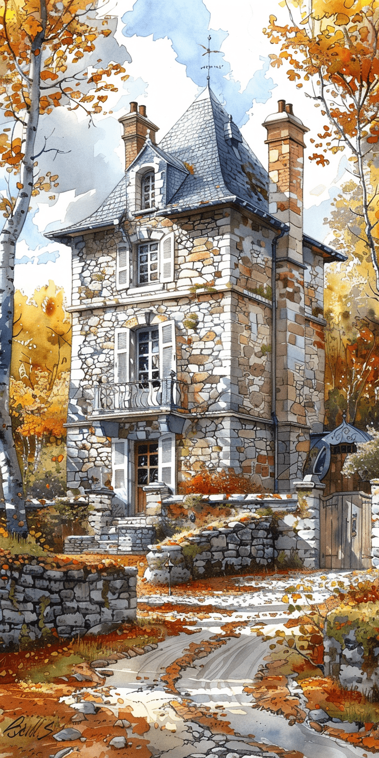 Line drawing, french chateau, autumn --ar 1:2 --stylize 750