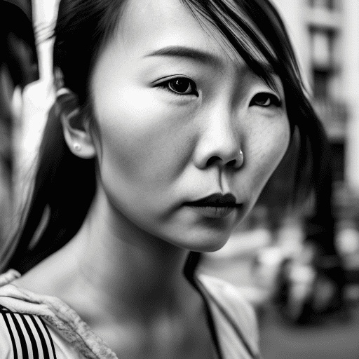 Ultra-realistic black and white photo of a beautiful asian woman, shot on a sony a7iii, on the street in paris, emotive expressions, detailed, lifelike --ar 35:64 --stylize 750