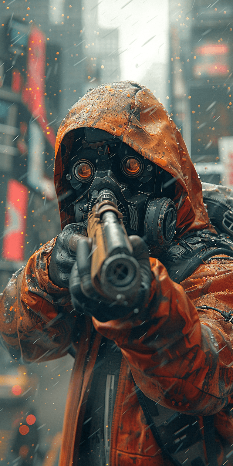 A cyberpunk-style man in an orange and red hoodie with a black backpack, wearing a gas mask, aiming a futuristic rifle, street of a big city, with skyscrapers in the background, orange rain clouds, in the style of cyberpunk art, digital art, high resolution, best quality, cinematic lighting, hyper-realistic, hyper-detailed --ar 1:2 --stylize 750