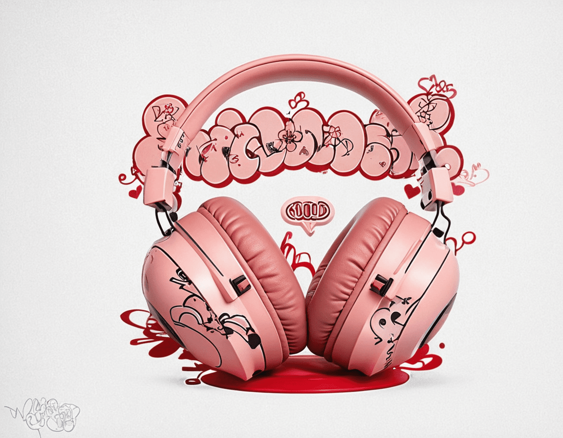 A cute headphone, product photography, graffiti on background, fluffy design, street art, soft light