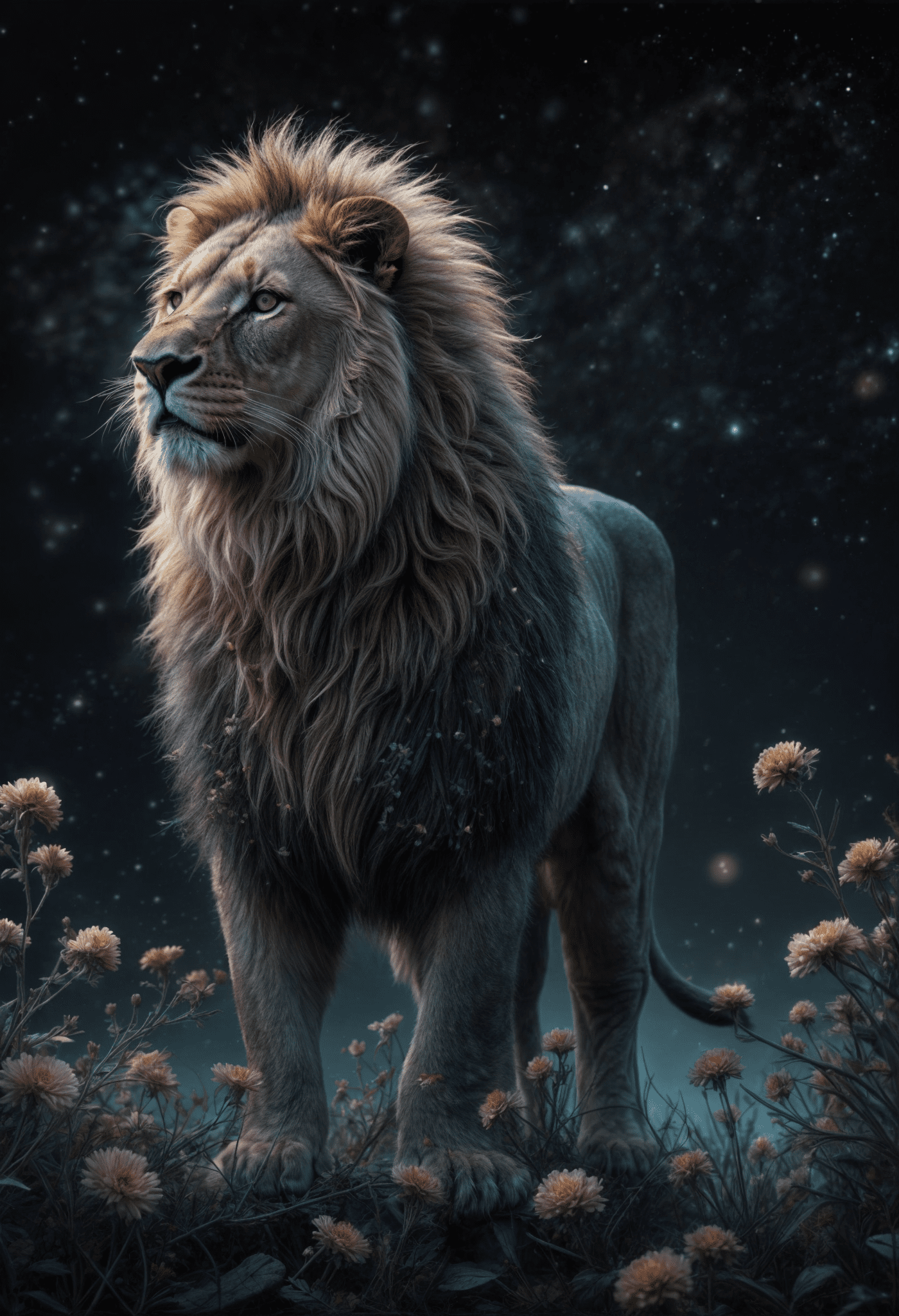The whimsical and dreamlike, using soft colors and smooth textures image shows a stylized illustration of a surreal image with a imagination takes form in a mysterious and hyper-detailed depiction of a full body lion creature ethereal neon light dark night sky fur with tiny mimosa shiny flowers. The intricate details reveal a combination of textures slightly blurred dark stary night sky background, all highlighted with a perfect golden hue and white neon light dandelions. The overall image in the style by andy kehoe, x-rays. Lion stands in the center of the composition, full body. Creating an ethereal atmosphere. 8k artistic photography details, ultra-detailed realistic portrait