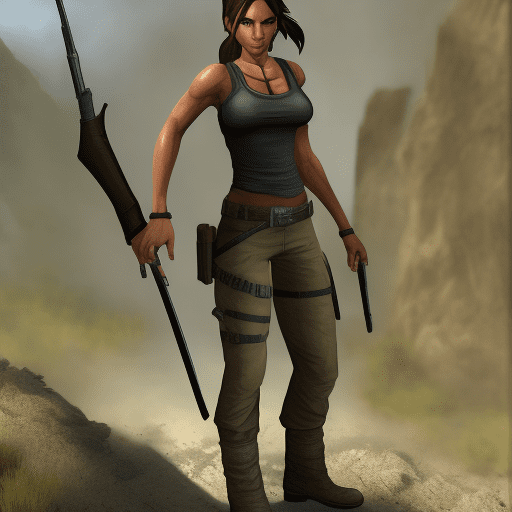 Lara croft from tomb raider, camouflage uniform, ((cg style) ), boss battle theme, wide angle view, cowboy shot