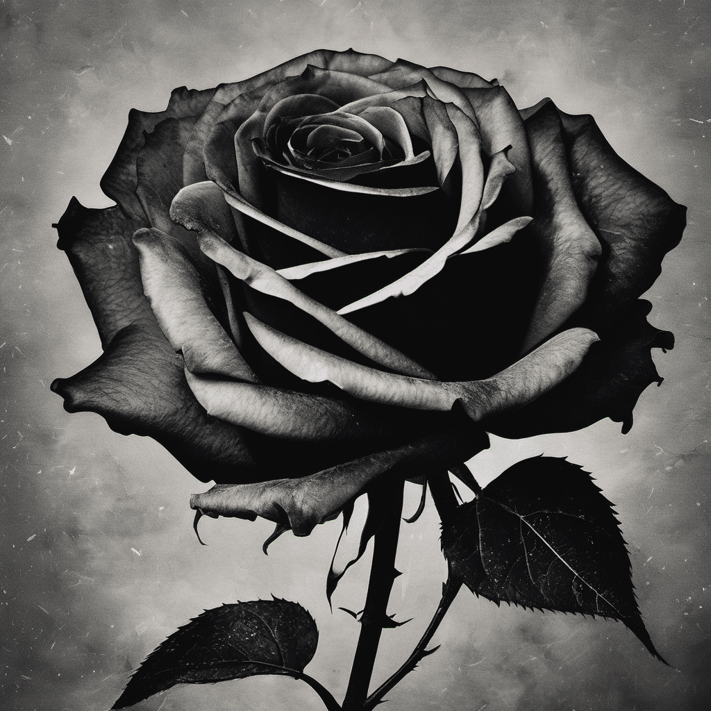 A burnt rose, midnight, ashes, nostalgic, elegant, drama, emotional depth, volumetric, intense and brooding dark tones, high quality, unforgettable