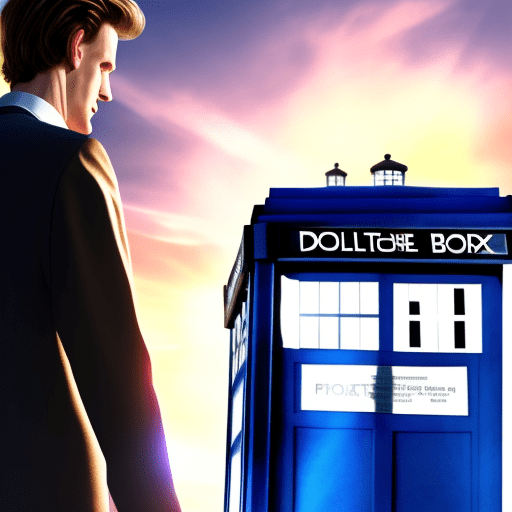 Matt smith as the doctor beside the tardis low angle while the sun is rising and shining on the text of the tardis