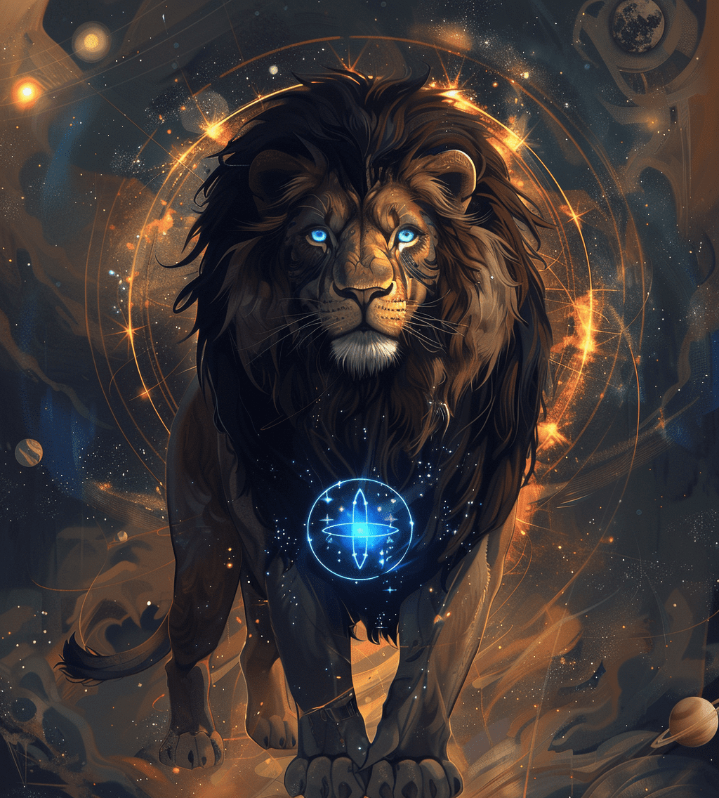 A lion with blue eyes standing in front of an aura circle, surrounded by planets and stars, with dark brown fur on its body and a black mane, a blue chest symbol with small white dots around it, in the style of fantasy art
