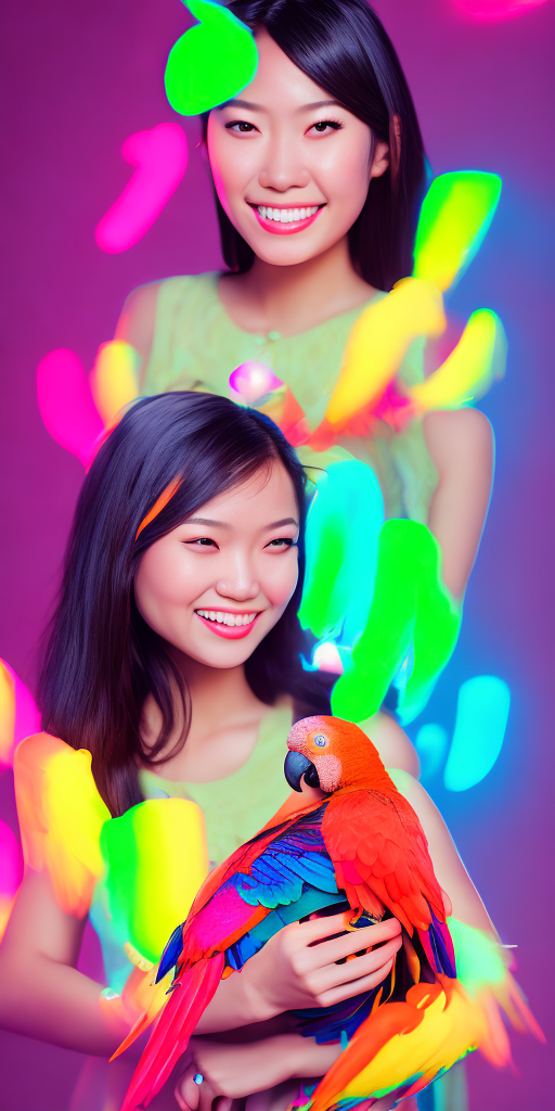 Magazine photography, a cute asian girl with a parrot on her hands, neon light background, immersive background, vibrant, 85mm bokeh detailed, high resolution, high quality, natural lighting, ultra-detailed, 8k