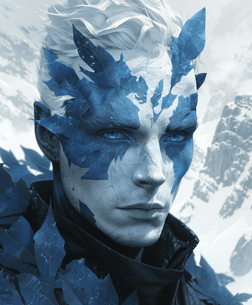 Ice mage art and illustration by theo el, in the style of balanced symmetry, black and blue, detailed facial features, frozen, ice, organic forms, muted tones, meticulous portraiture, complex patterns --ar 5:6 --stylize 750 --v 6. 0