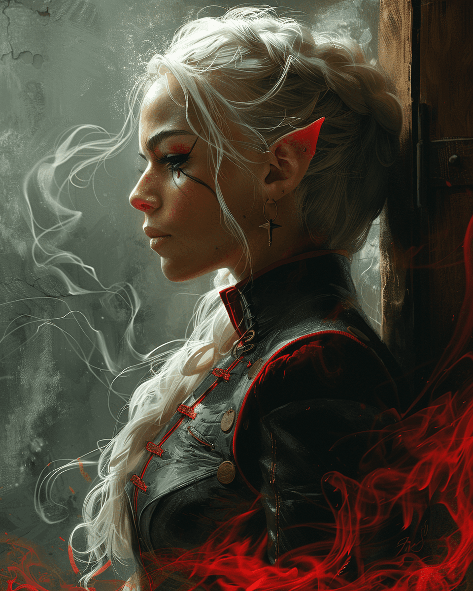 A fantasy d&d illustration of an elf with long white hair and black , red smoke swirls around her head, in the style of peter mohrbacher and james jean. --ar 4:5 --v 6. 0 --s 750