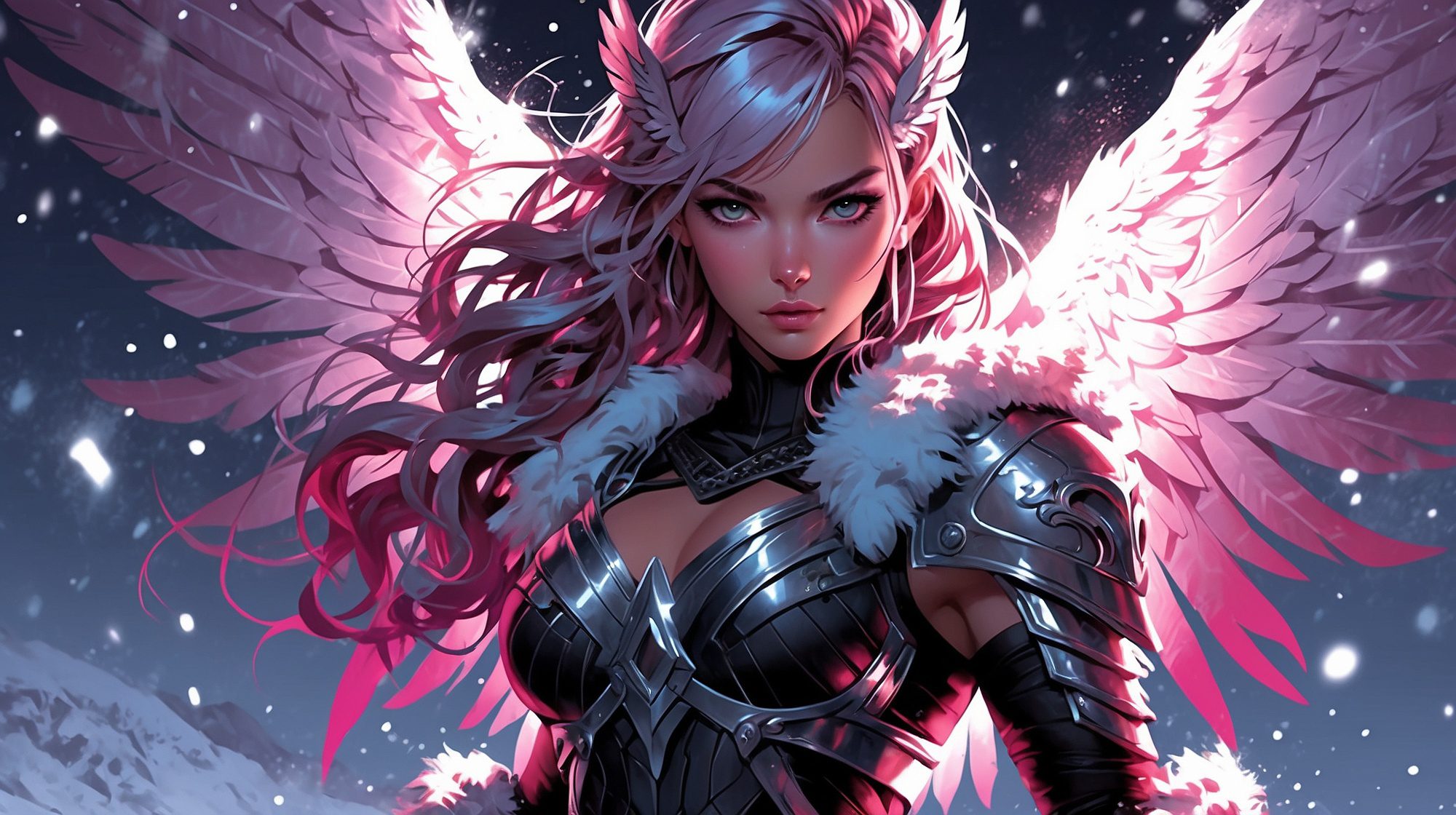 A magenta-hued chilling valkyrie, her icy gaze piercing through the vibrant hue of her flowing hair, stands stoic and powerful against a backdrop of swirling snowflakes. This image is a digital illustration, showcasing the valkyrie's intricate armor and ethereal aura with stunning detail and precision. The intricate patterns etched into her breastplate shimmer with an otherworldly glow, while her majestic wings radiate a sense of fierce elegance. This masterfully crafted artwork captures the essence of a supernatural warrior in a mesmerizing and captivating way.