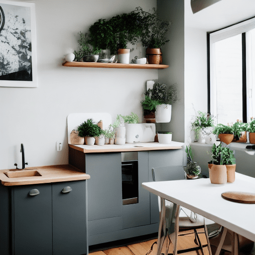 A small kitchen with a gray kitchen set, light floor, gray wooden walls, with a round table in the middle of the kitchen, with green plants in flower pots, in the style of minimalism, hi-tech, interior design magazine, cozy atmosphere; 8k, intricate detail, photorealistic, realistic light, wide angle, kinkfolk photography