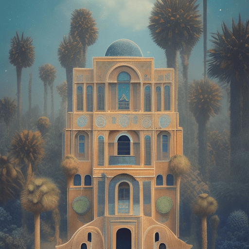 A building in the desert pictures of beautiful backgrounds where space plants grow in hyperrealistic, cinematic, rich colors and pastel tones. You have to be symmetrical, creative, and feel like a greek mural, add glittering stars and planets, geometrically, completely left-right symmetrical, the composition, color, and cinematic expression are wes anderson style